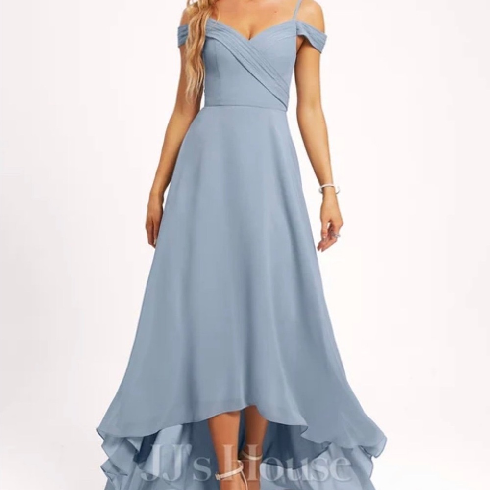 Light Blue Dress with spaghetti straps and an off the shoulder feature.